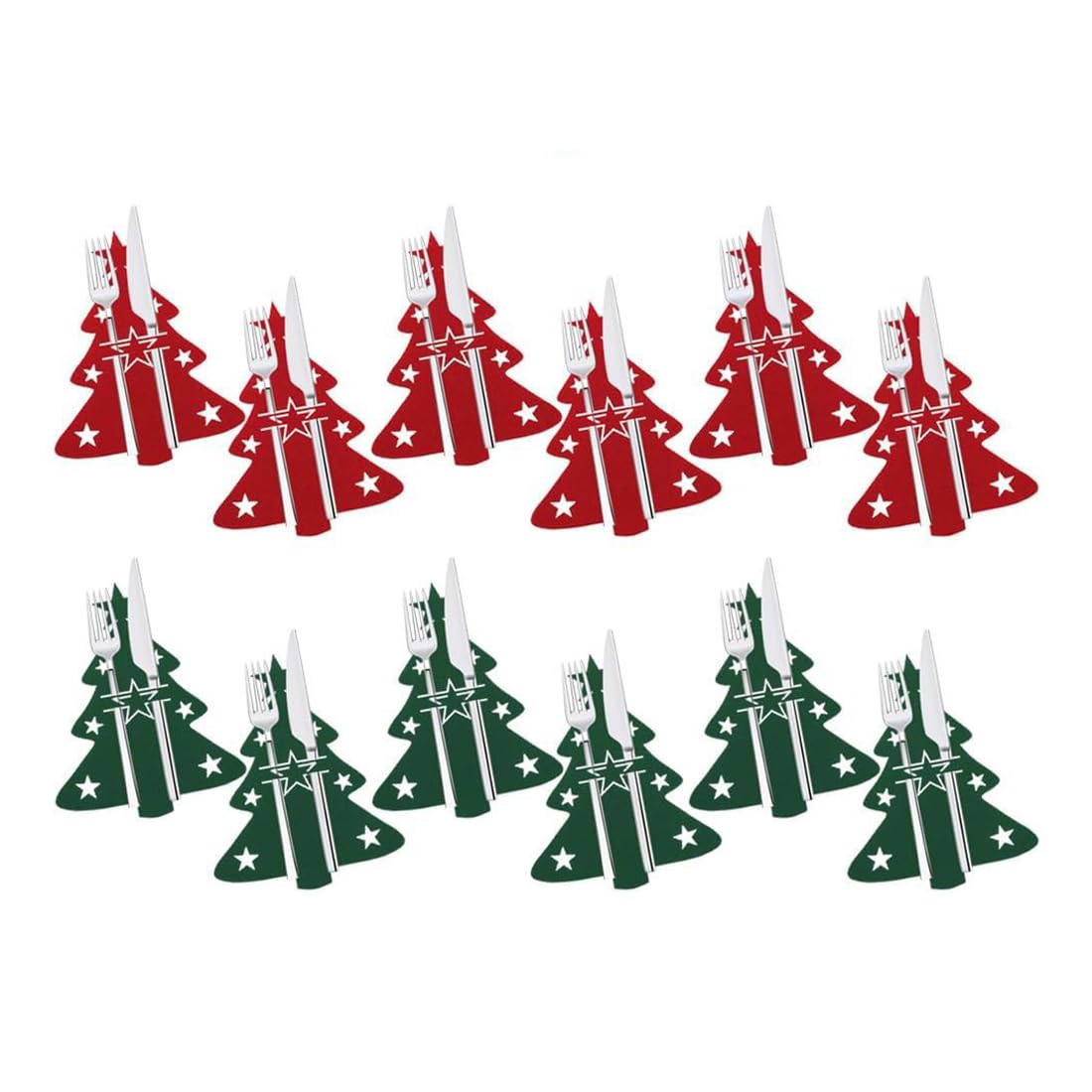 12 Piezas Porta Cubiertos Navidad, Decoracion Mesa Navidad Incluyendo Adornos Navidad Rojo y Verde y Guirnalda Navidad de Servilletas de Pino, Arbol Navidad Fieltro, Adornos Navidad de Cubiertos