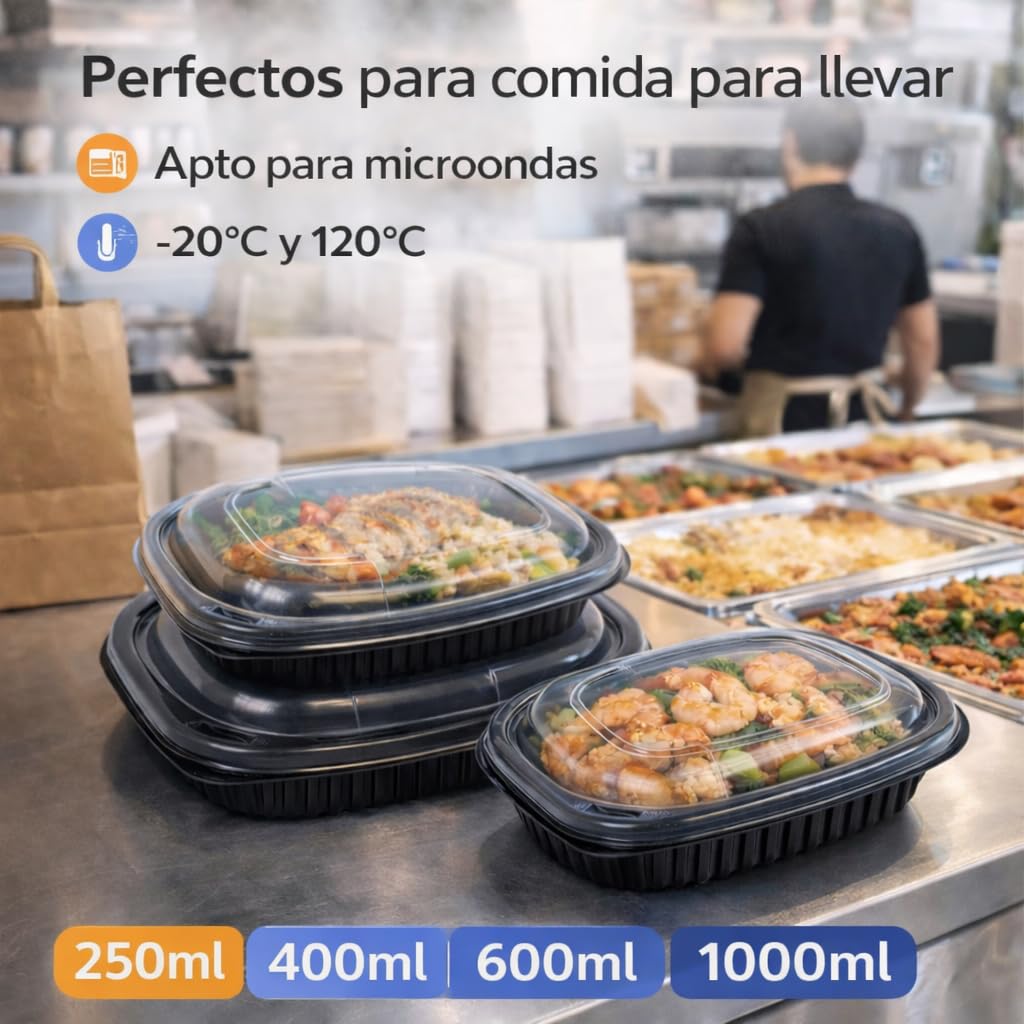 Envase Desechable para Comida con Tapa, Apto para Microondas, Take Away, Hostelería, Resistente -20 a 120 Grados, restauración, comida para llevar (40, 400.0, Mililitros)