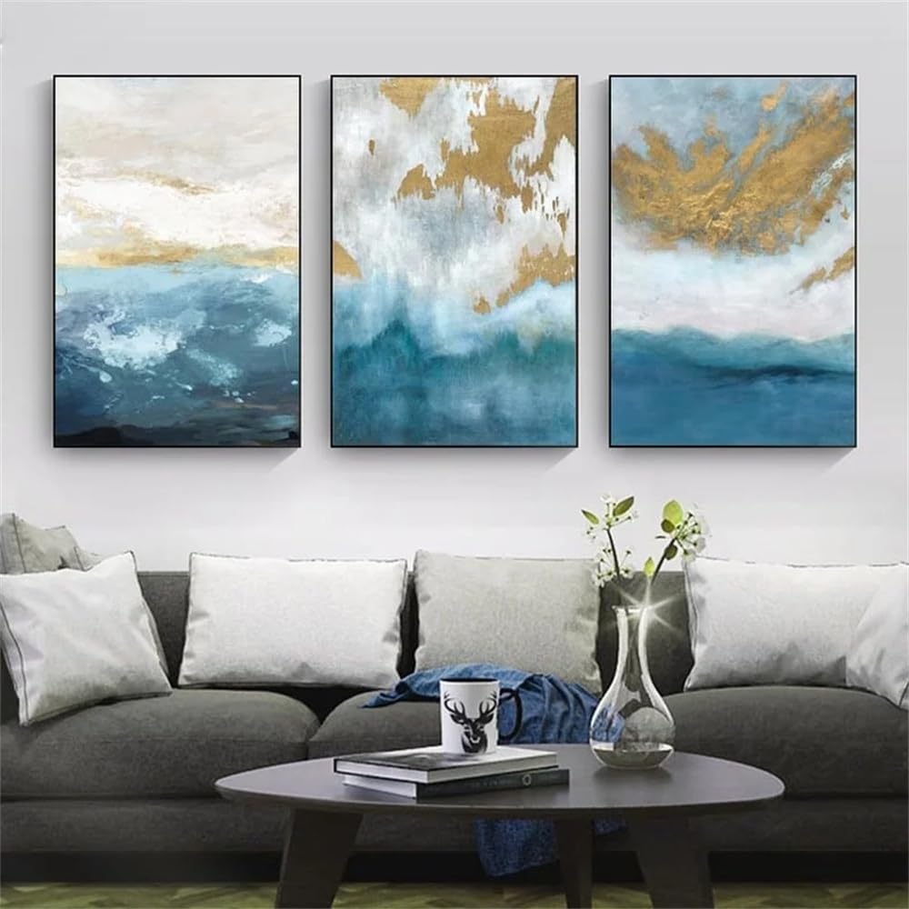WUHBCZ Canvas Paints-Modern Abstract Golden Blue Painting Canvas Posters and Prints Wall Art Pictures Artwork for Living Room Office Home Decoration-60 * 70cm/3PCS (No Frame)