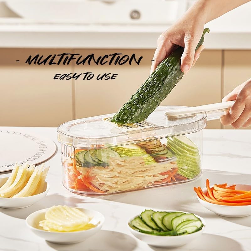 Multifunction Vegetable Slicer with Container, Kitchen Mandoline Chopper with Cleaning Brush, Clear