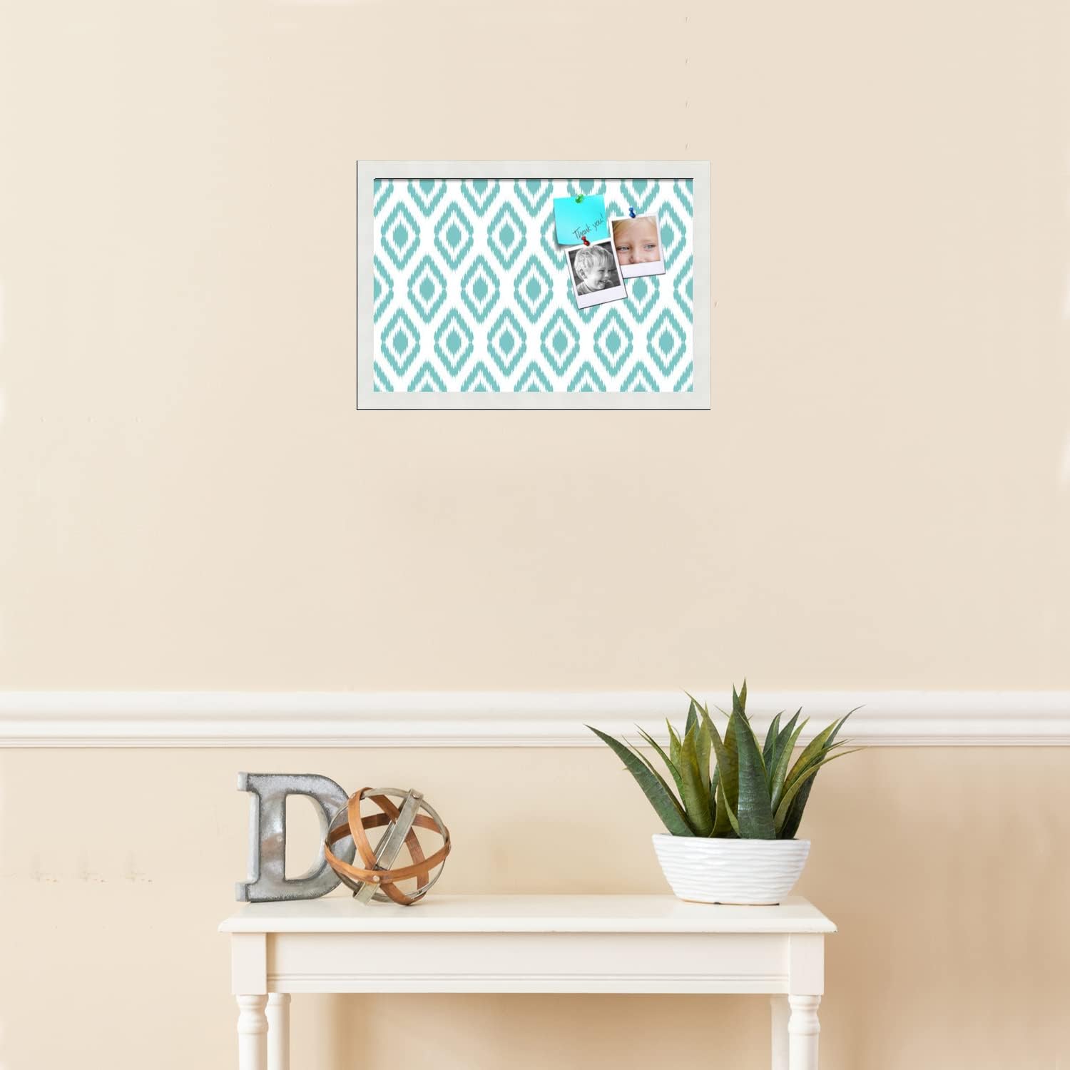 PinPix 18x12 inch Cork Bulletin Board. This Decorative Framed Pin Board Comes with Ikat Aqua Design and Satin White Frame. Ideal for Home, Office Decor or School (PinPix-1630)