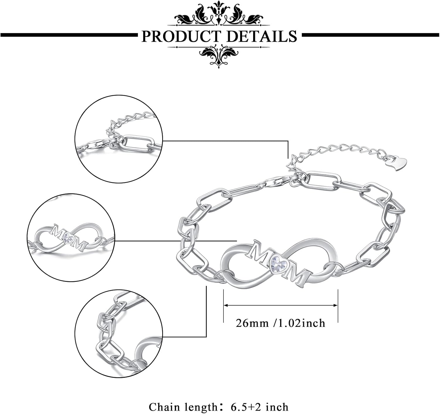 Mom Bracelet for Women Sterling Silver, Gifts for Mom from Daughter Son,Infinity Love Adjustable Bracelets Paperclip Chain Bracelet 925 Sterling Silver Mom Gifts for Mothers Day - Image 5