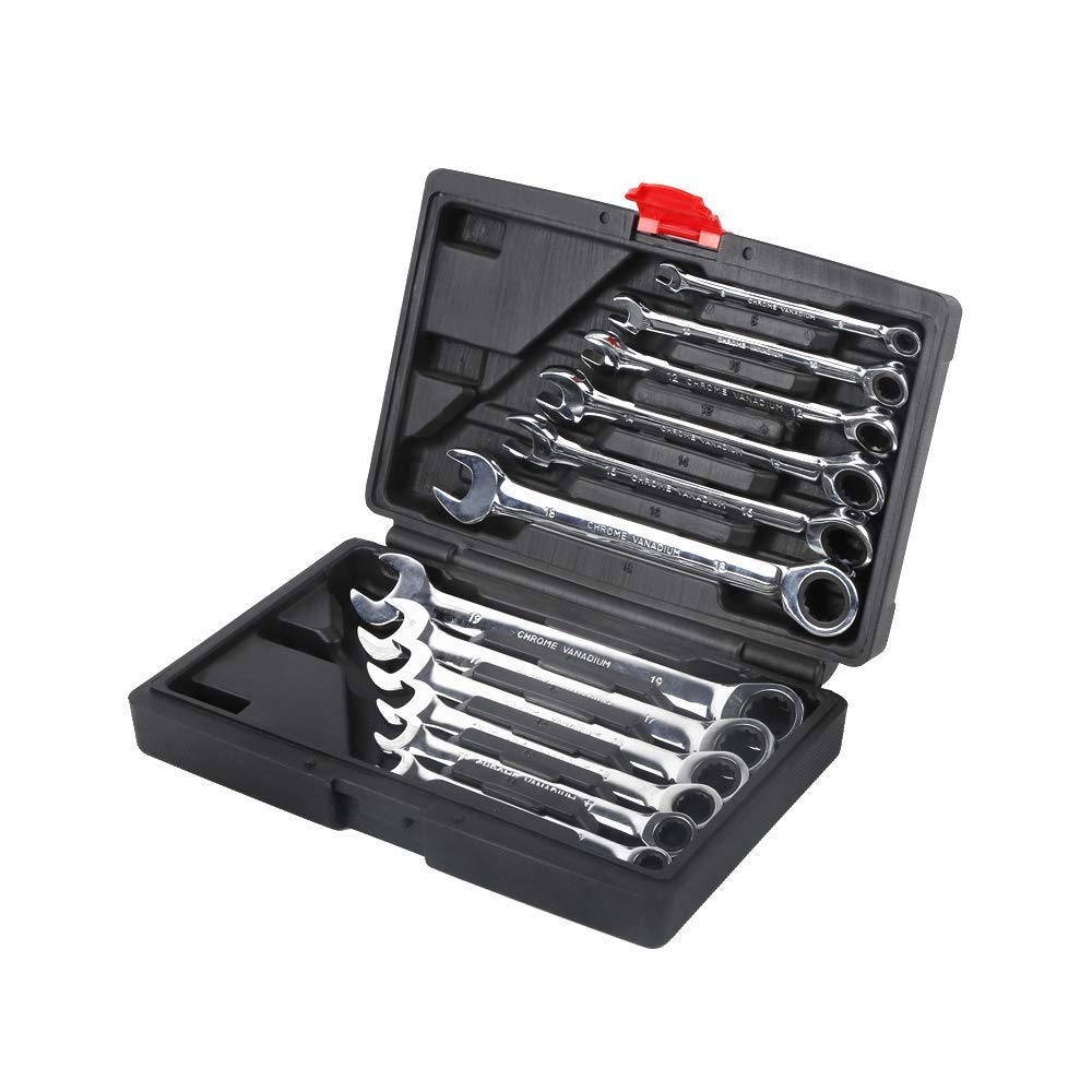 Jeu de 12Pcs Clés Mixtes à Oeil Clés Plate à Cliquet 8mm-19mm Malette
