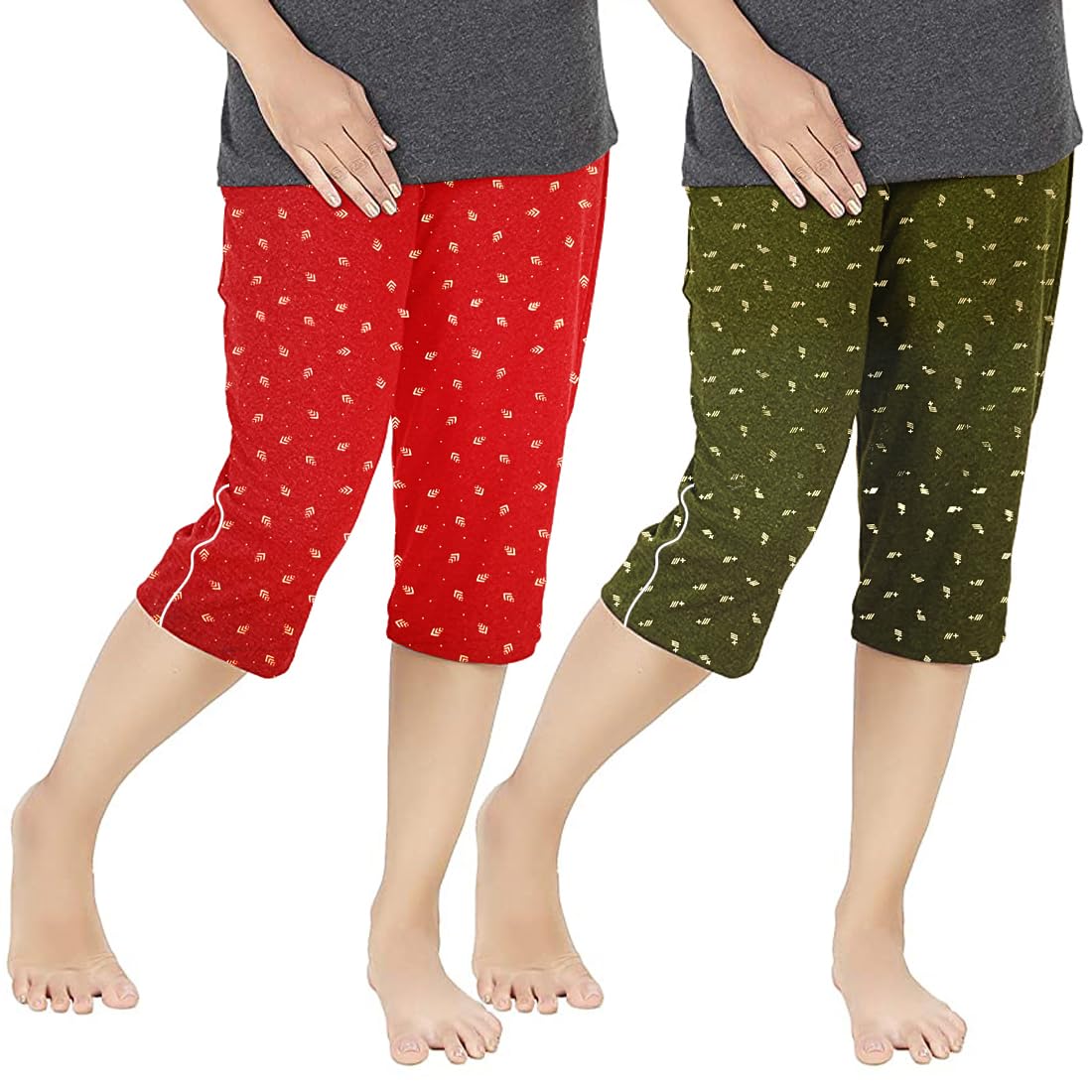 StylcozyWomen's Cotton Regular Fit Lounge Printed Capris for Women, Pyjamas for Women, Night Dress, Shorts wear 3/4 Pyjama Capri Combo Ladies Nightwear Pack of 2 with Zipper Pockets 3/4th Pants