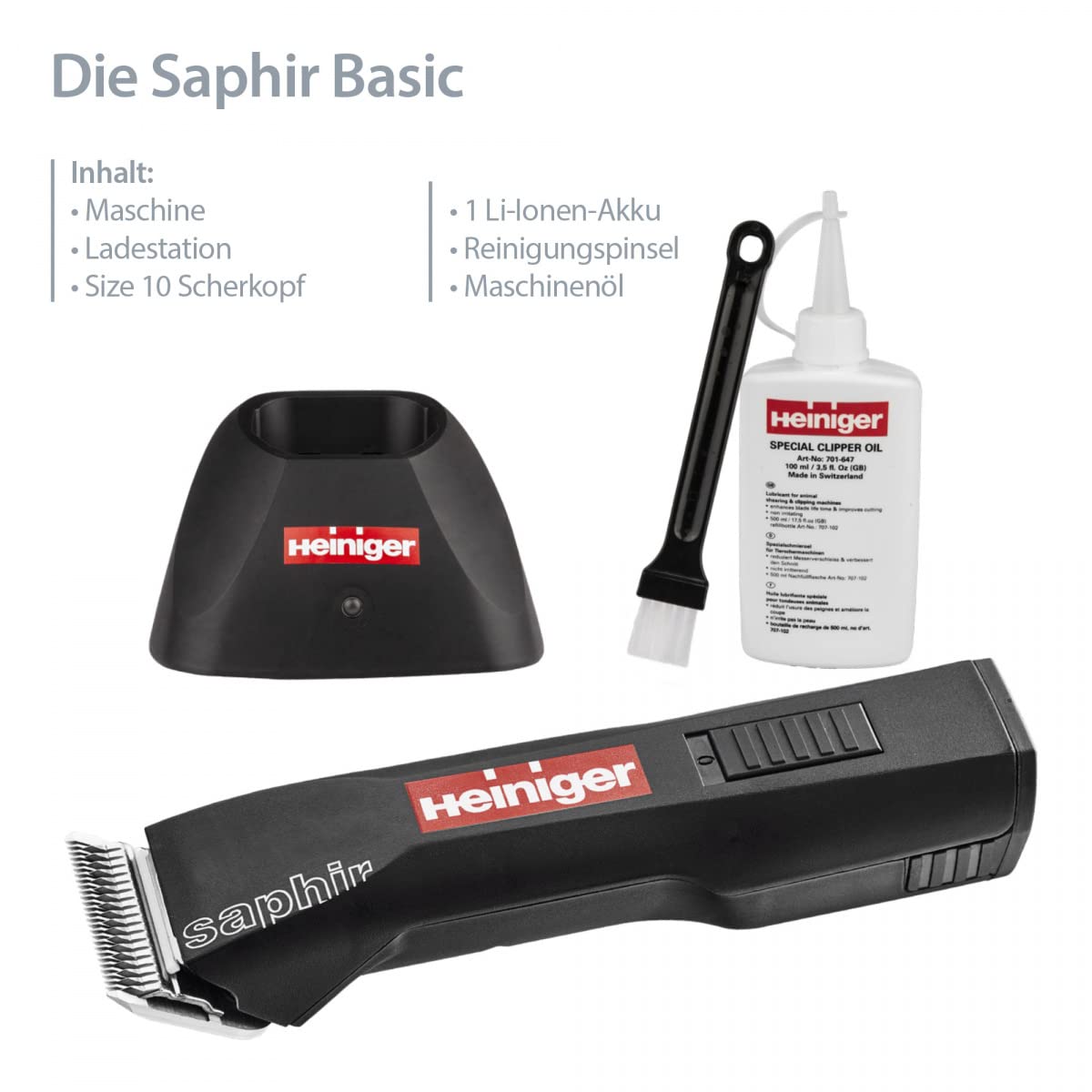 EHASO HEINIGER Profi Hundeschermaschine Set Saphir Akku-Schermaschine mit Scherkopf Size 10+ neunteiligem Aufsteckkammset + Hundenapf (Schwarz)