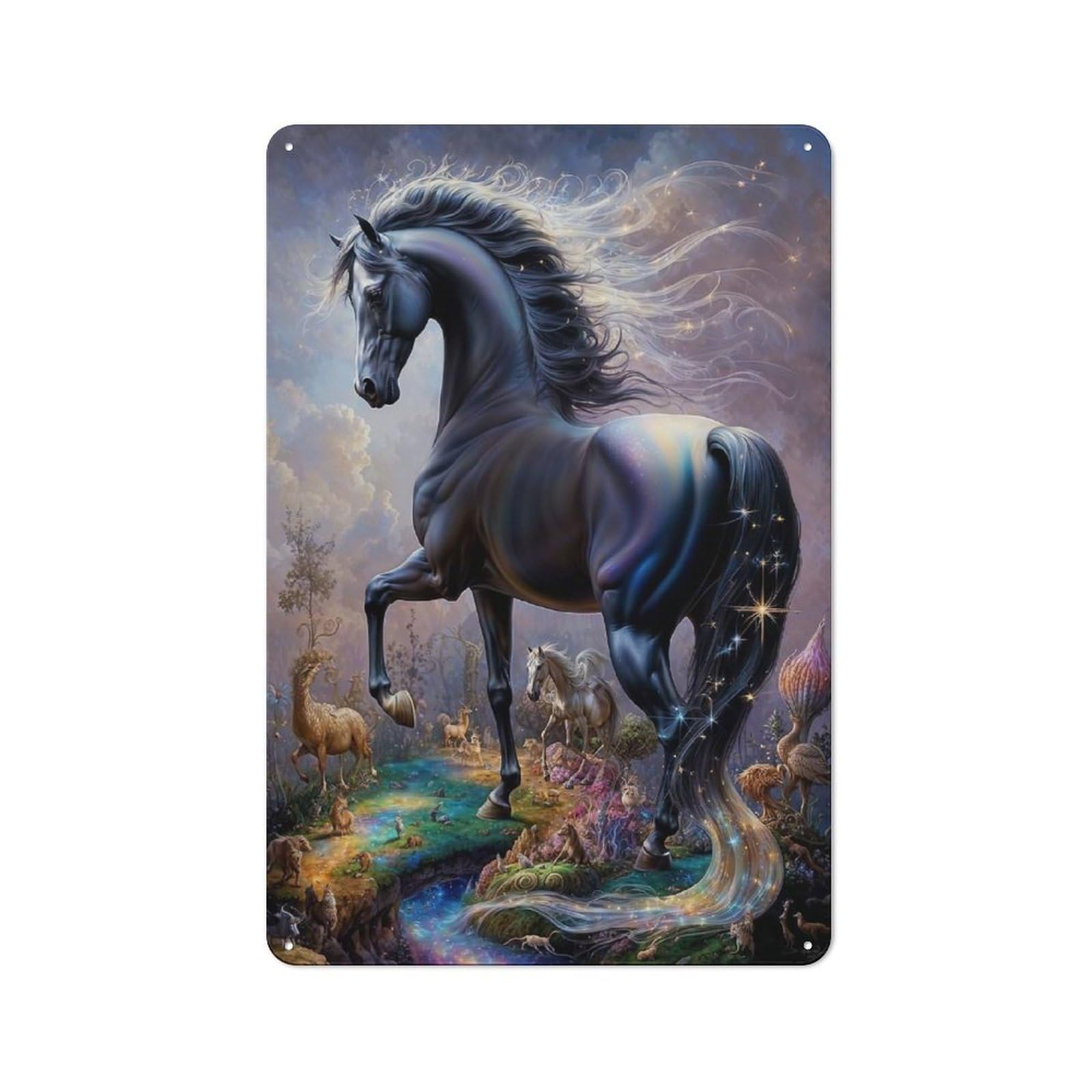 Junmoney White Stallion Whimsy 30X20cm Retro Metal Plaque With For Garage Or Workshop, Housewarming Present For People Styling Garage And Workshop