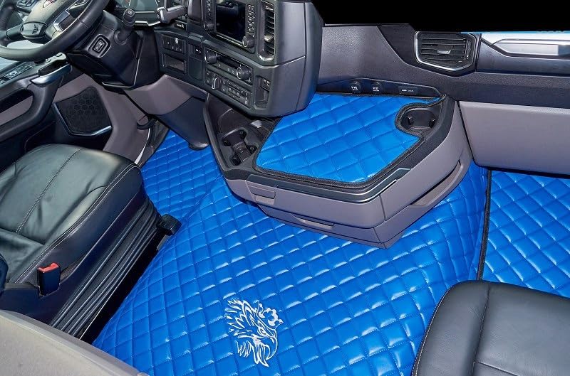 Tapetes de suelo compatibles con Scania R de nueva generación [2017 en adelante] para asientos de aire dobles, color azul y blanco