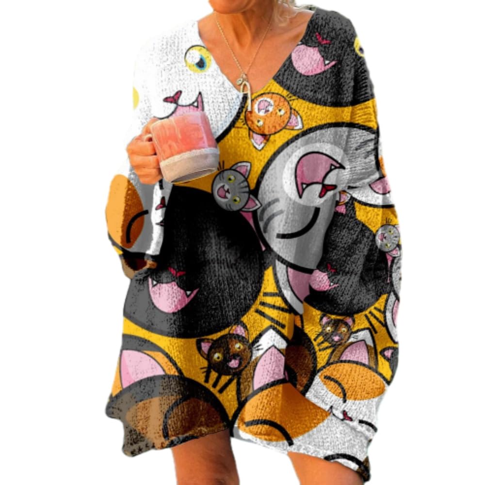 Womens Cute Cat Print V Neck Knit Sweater - Cozy Oversized Tunic Dress Loose Pullover Top for Leggings