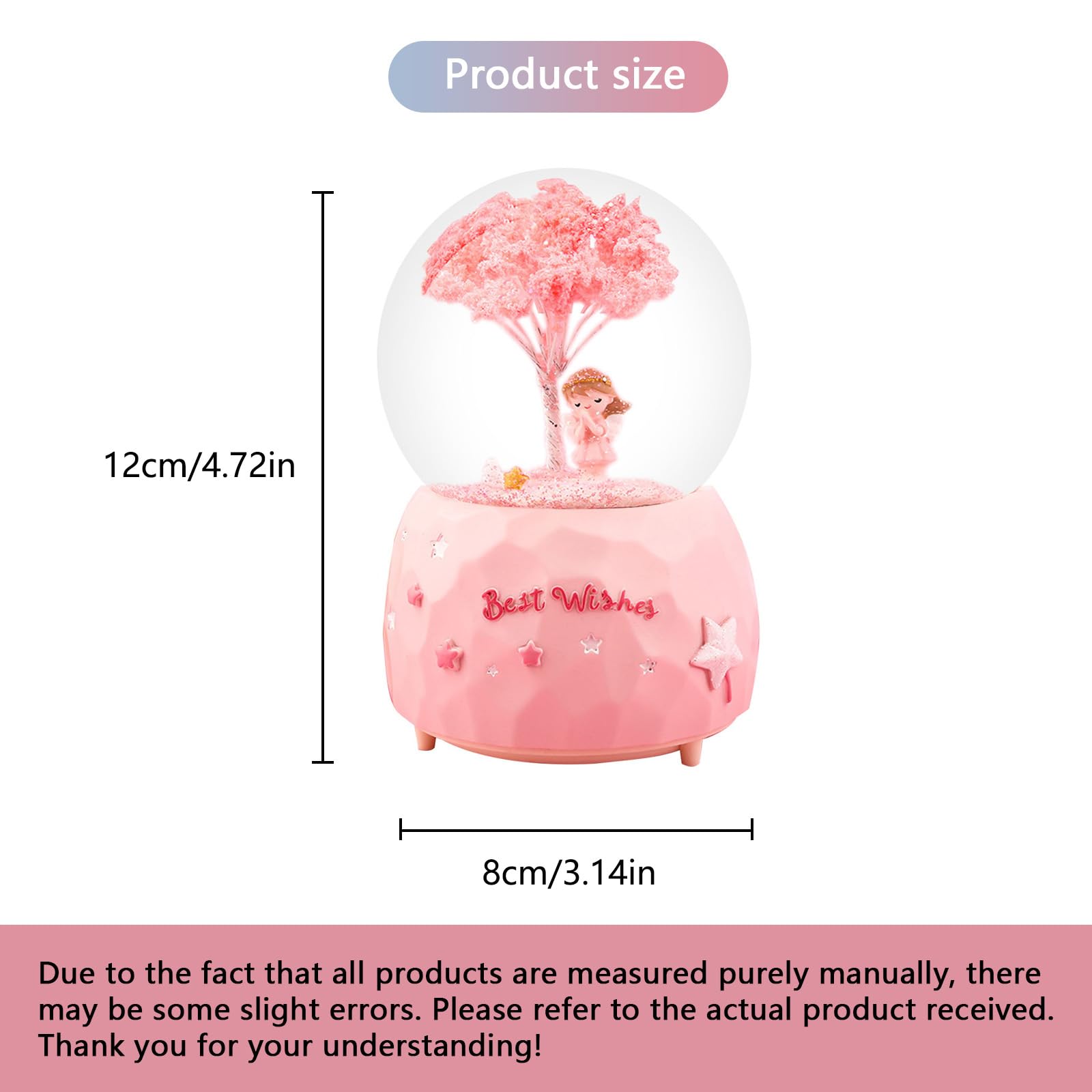 Cherry Blossom Angel Snow Globe, 82mm Water Globe Music Box with Color Changing LED Lights and Automatic Snowflakes, Birthday Christmas Festival Gift for Girls Granddaughters Babies(B)