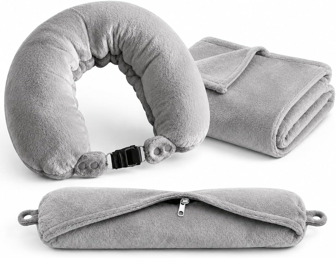 LILLE & CO. 3-in-1 Travel Neck Pillow with Blanket & Carry Bag – Soft Flannel Blanket Set, Convertible U-Shaped Pillow, Compact Travel Kit for Airplane, Car, Camping - Gray