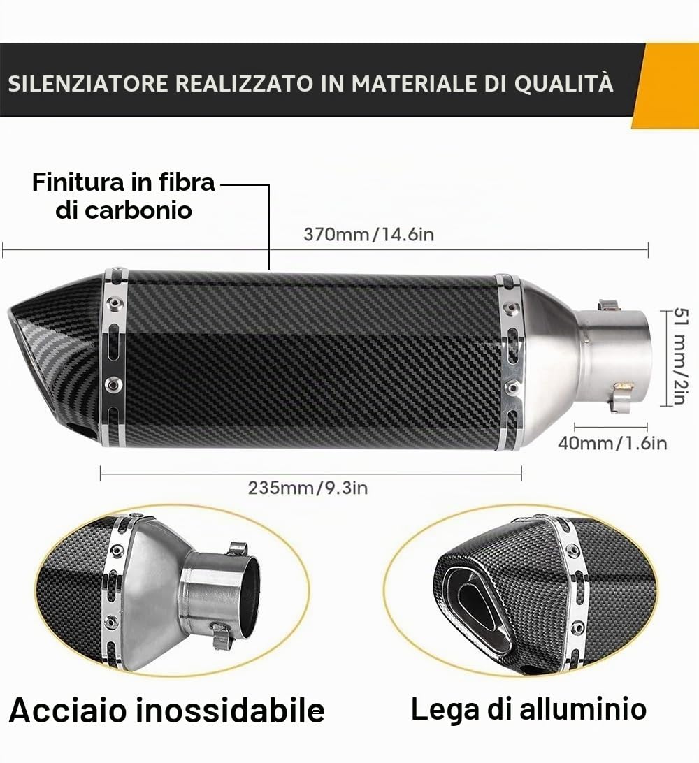 MOCOERL 38 – 51 mm 1,5 – 2", silenziatore di scarico per moto con DB Killer rimovibile per Street Bike Moto Scooter Yamaha Suzuki (stile fibra di carbonio)