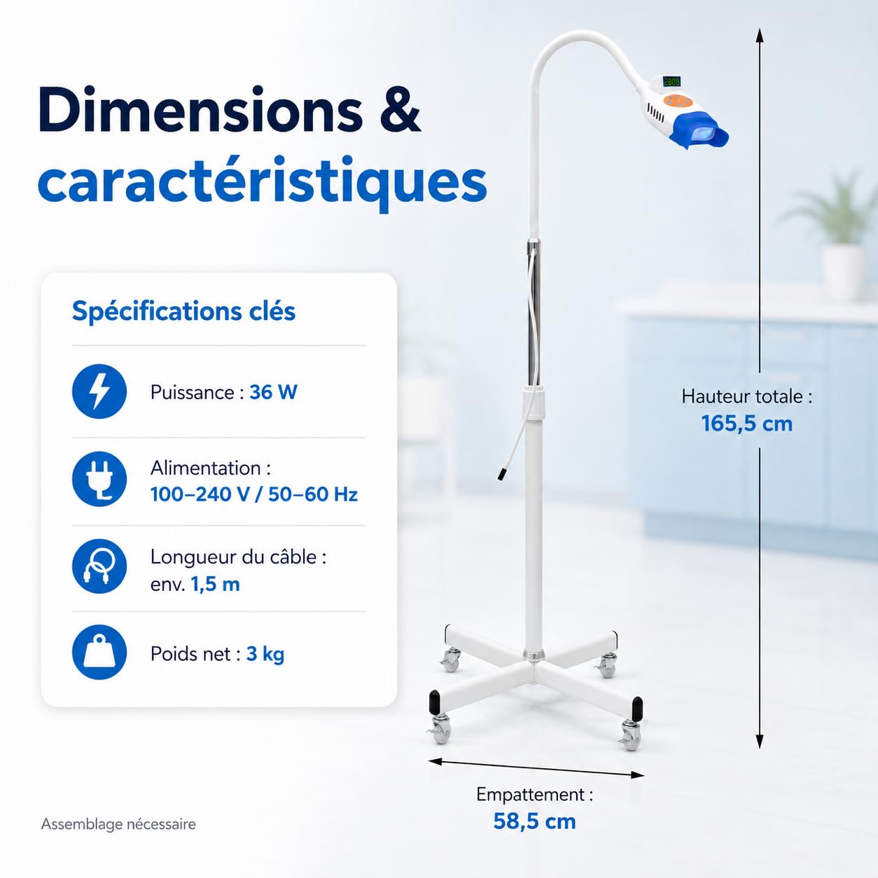 Lampe LED de Blanchiment Dentaire Professionnelle 36 W, Lumière Bleue et Rouge, Minuterie 0–20 Min, Angle Réglable, Appareil de Blanchiment des Dents pour Salon, Cabinet Dentaire et Institut de Beauté