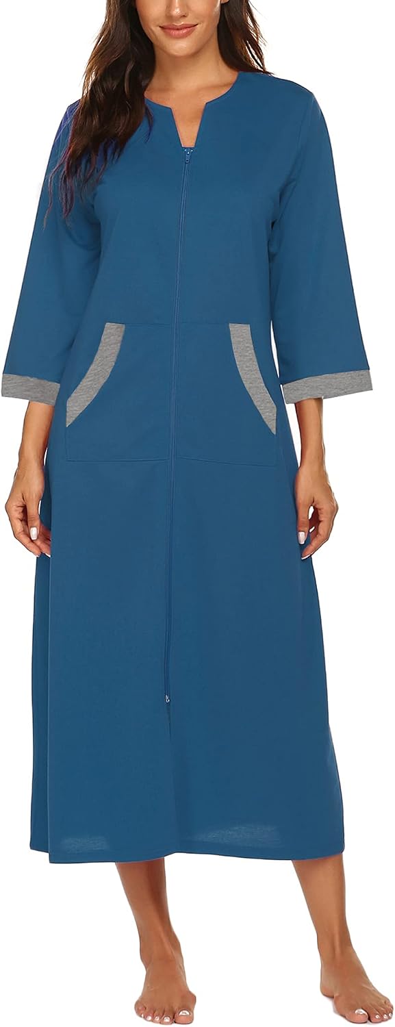 Ekouaer Robes for Women Zipper Robe 3/4 Sleeves Housecoat with Pockets image 2