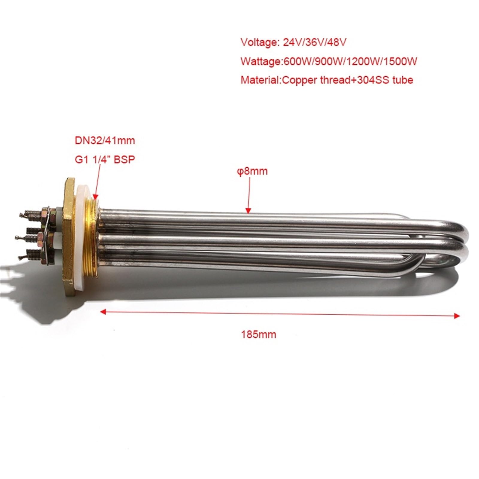Tubo riscaldante a immersione CC 24 V 36 V 48 V G1 1/4" DN32/41 mm filettatura tubolare elemento riscaldante 600 W 900 W 1 KW 1,5 kW (24 V 600 W 185 mmL)