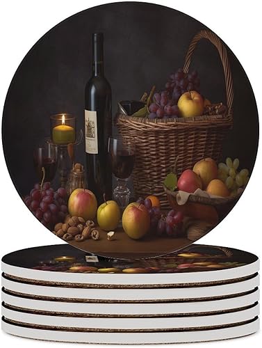 Miniatura 28 de Round-4 posavasos de cerámica para vino tinto, posavasos redondos absorbentes para bebidas, estilo vintage de madera, vino tinto, uvas, frutas y
