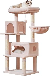 Taoqimiao Árbol para gatos, torre para gatos de 48.8 pulgadas para gatos de interior, 2 lujosos condominios para gatos con cestas colgantes grandes ajustables y percha grande de lujo, color rosa