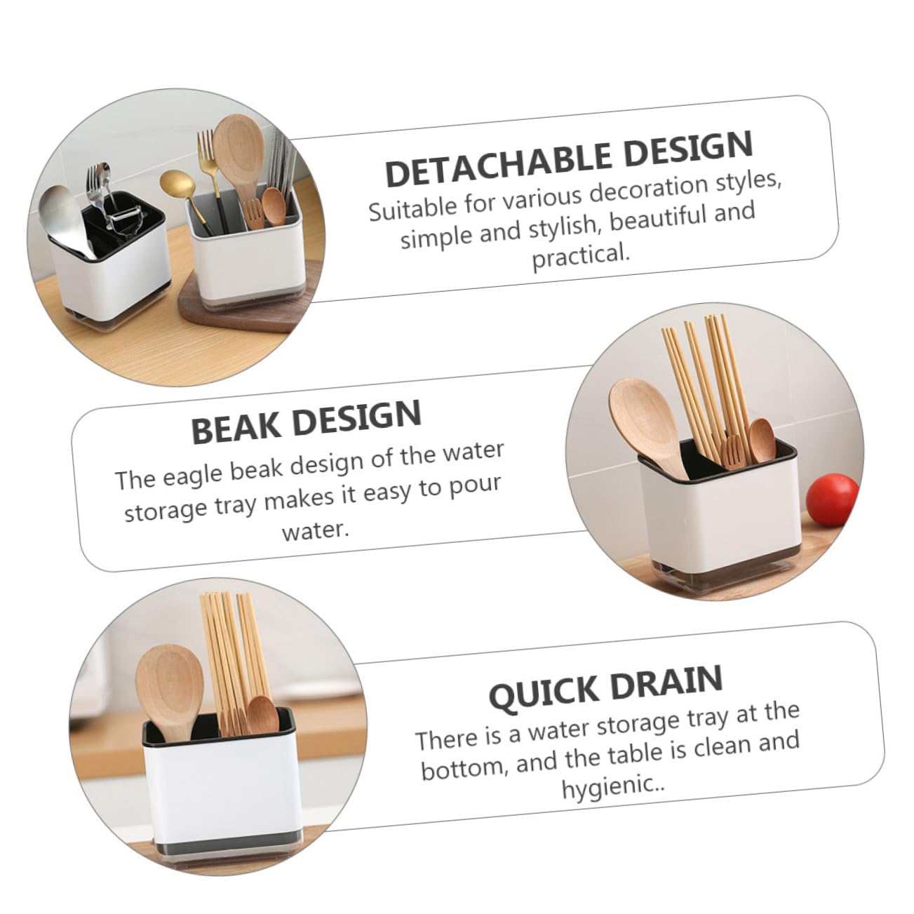 MUCKLILY 1pc Multifunctional Kitchen Organizer Detachable Utensil Holder with Three Compartment Design for Spoons Chopsticks and Forks Stylish Drain Storage Box for Home Use