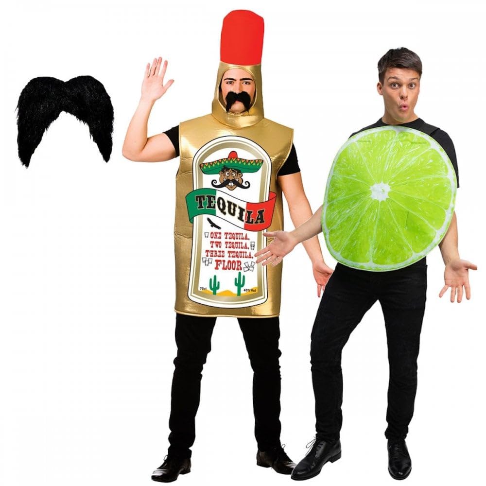 Titch & Timbo Adult Tequila Costume and Accessories : Unisex Mens Womens Couples Drink Festival Fun Oktoberfest Novelty Stag Hen Fancy Dress Party (Costume/Lime Tabard/Gringo Tash)