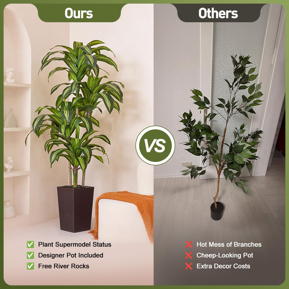 VeriNatural Künstlicher Drachenbaum 180 cm Kunstpflanzen Groß - UV-beständige künstliche Pflanze mit 96 Blättern, Braun Topf & Flusssteinen - Deko Pflanze für Wohnzimmer Büro Indoor Outdoor, VN127 | Kunstpflanzen Groß mit 76 Blättern & Flusssteinen Deko K