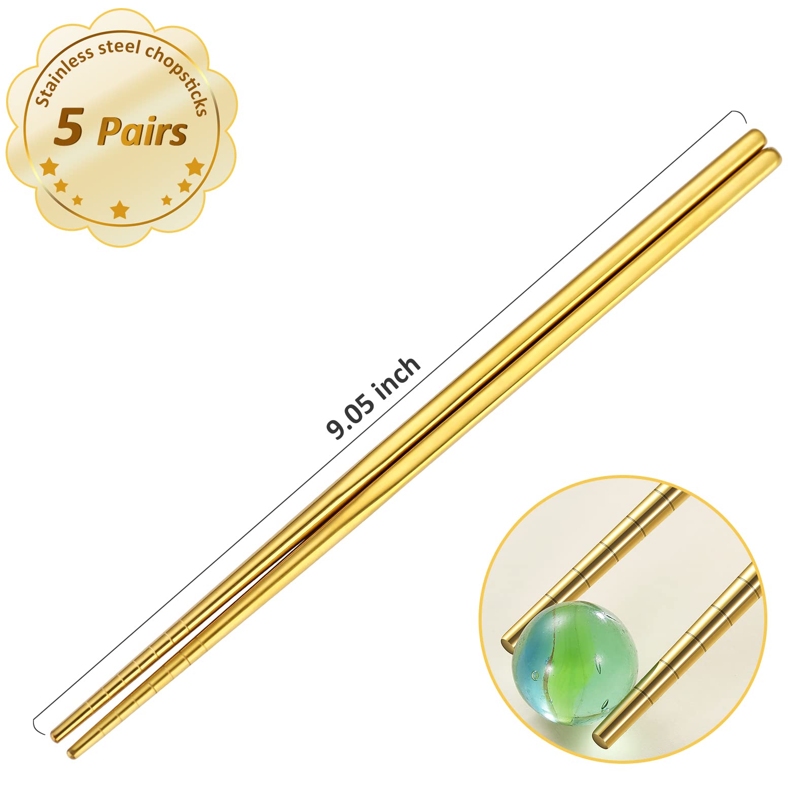 Gold Stainless Steel Chopsticks - Reusable Chopsticks - 5 Pairs Dishwasher Safe Metal Chopsticks - Easy to Use - Pressure Line Lightweight Chop Sticks- Gift Set（9 Inch ） — Amazon image 2