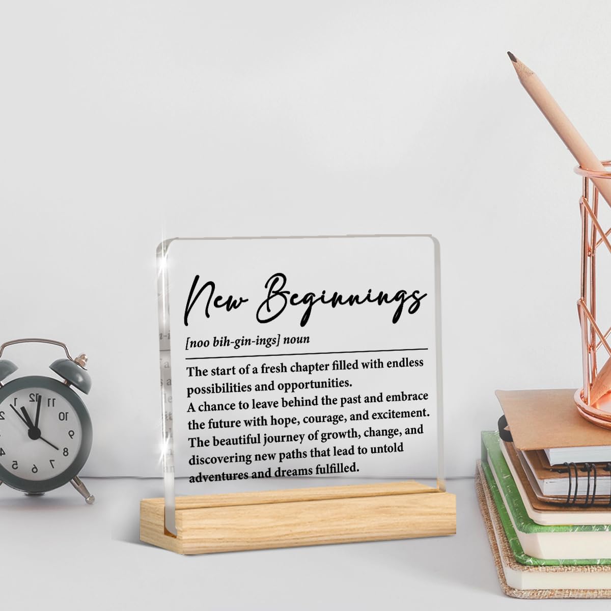 New Beginnings Acrylic Desk Plaque Sign, 4x4 Inches, Modern Style, Graduation Gift, Home Office Decor image 3