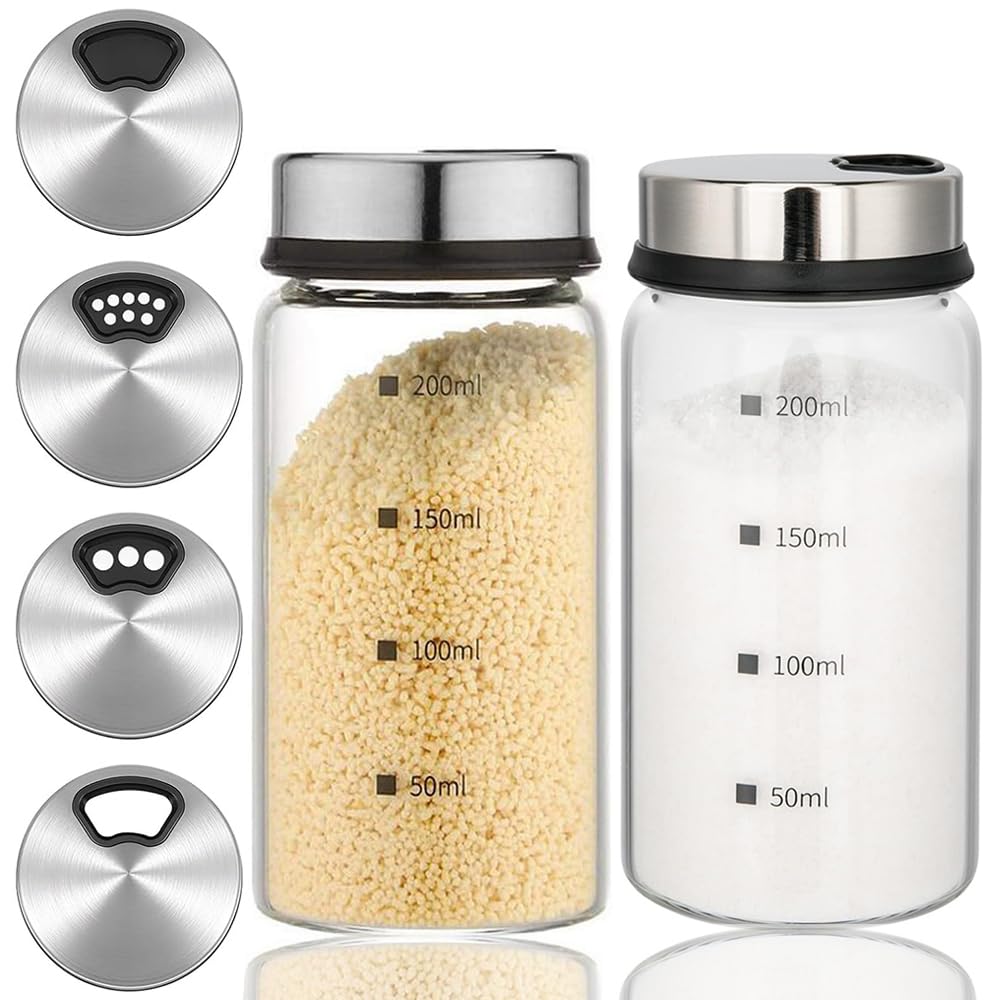 Aieraczy 200ml Salt Shaker with Adjustable Pour Holes, 2 Pack Salt Pepper Shaker, Spice Shaker, Glass Spice Jar with Shaker lids, Salt Cellar Salt Container Salt Dispenser for Seasoning Kitchen