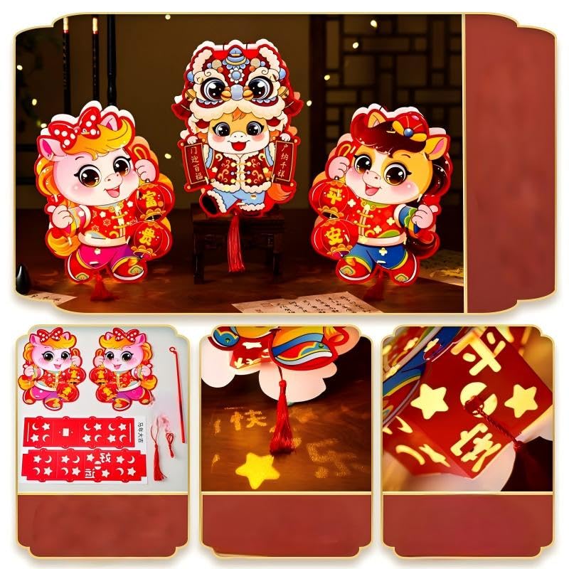 Image of 3pcs Cute Horse DIY Paper Hand-held Lantern Chinese New Year 2026 Festival Lantern Traditional Festival Home Holiday Decoration