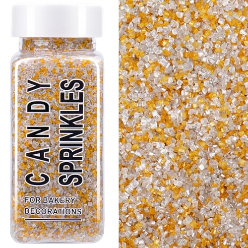 Image of Gold Silver White Sanding Sugar Sprinkles Mix, 4.6 oz Edible Sparkling Sugar Crystals for Baking Topping, Cupcakes, Cookies, Ice Cream & Cake Decorating, Wedding Graduation Party Christmas Supplies