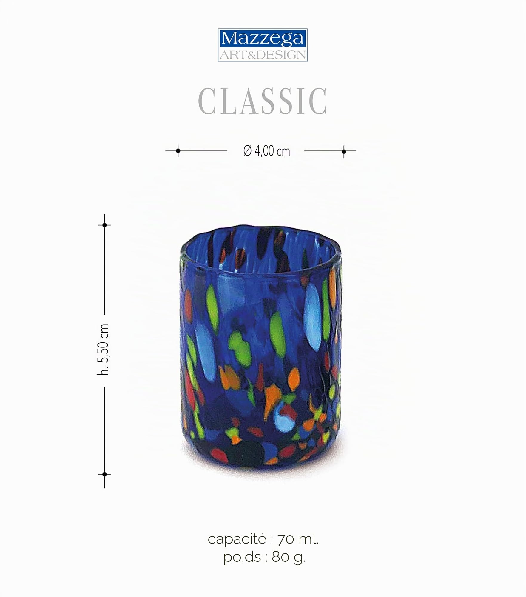 MAZZEGA ART & DESIGN Petits verres à shot pour Tequila et Liqueur en verre soufflé et travaillés à la main avec des murrines de Murano. Les couleurs de Murano. Modèle SHOT 70 ml (MIX, 12)