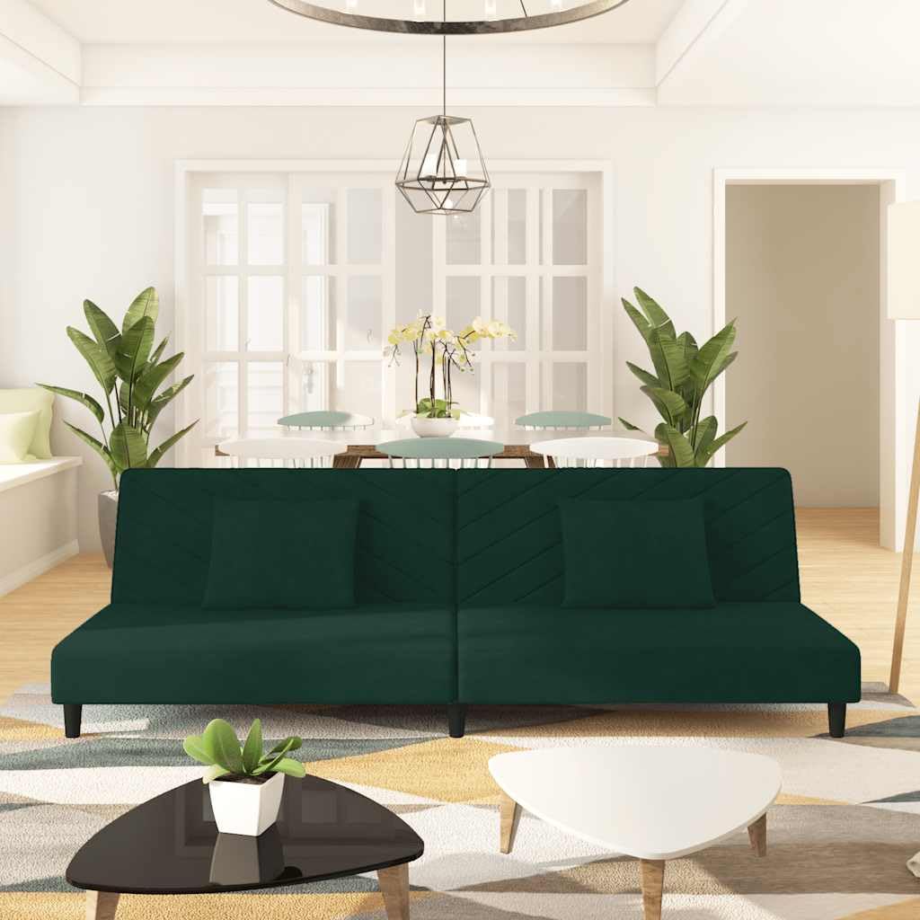Sofá cama de 2 plazas con 2 cojines de terciopelo verde oscuro, sofá convertible en cama doble con marco de madera, versátil para sala de estar, cine en casa, oficina