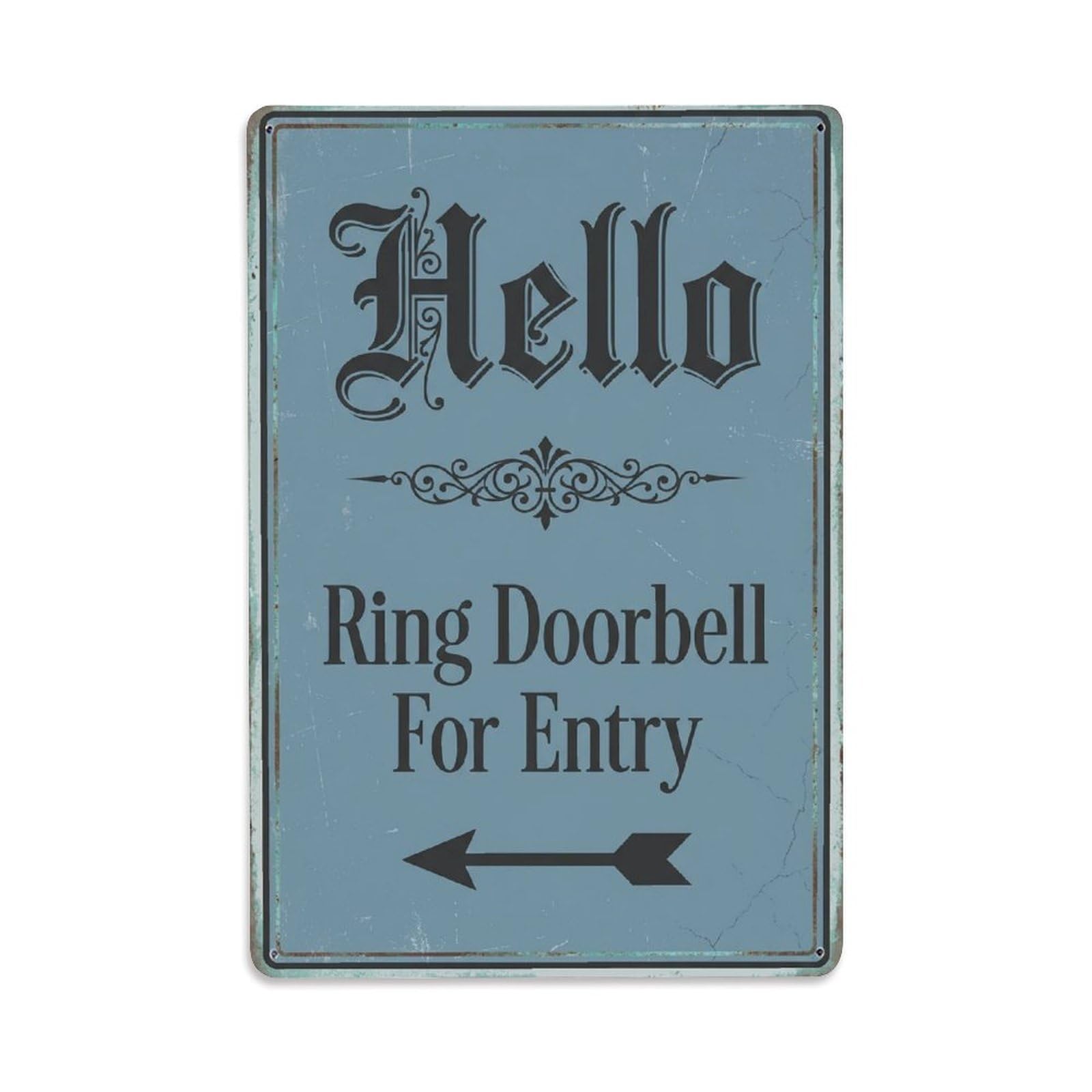 Vintage Hello Ring Doorbell For Entry Arrow Ornate Metal Tin Sign