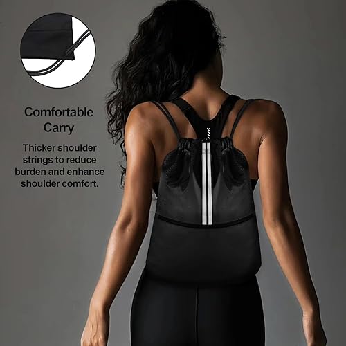 Miniatura 4 de Mochila deportiva con cordón, bolsa de gimnasio con cordón para hombres y mujeres, mochila ligera con bolsillo con cremallera, duradera, grande, dos