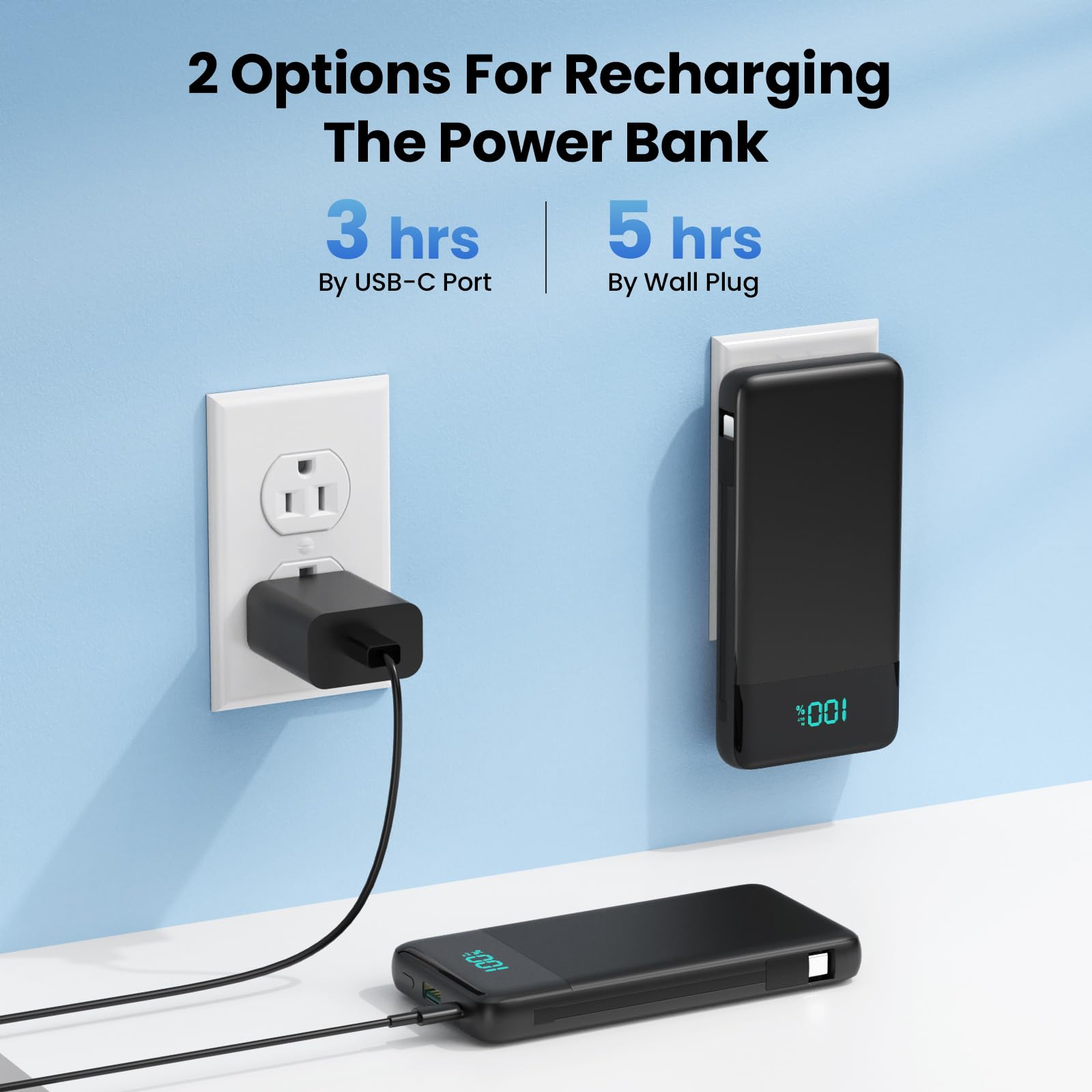 Cargador portátil para iPhone con cables integrados y enchufe de pared, 13800 mAh de carga rápida USB C, batería de 4 salidas de viaje, compatible con iPhone 15/14, Samsung, Android, etc