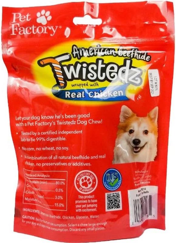 Pet Factory Twistedz American Beefhide 5" Chip Rolls Dog Chew Treats w/Real Chicken Meat Wrap - 8 Count/2 Pack