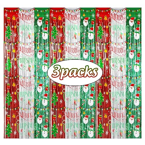 Avezano 3pcs Christmas Party Decorations Merry Christmas Foil Fringe Curtains for Kids & Adults Selfie Picture Backdrop Holiday Ugly Sweater Party Streamers Photo Booth Props Supplies Decor 3.3x6.6ft