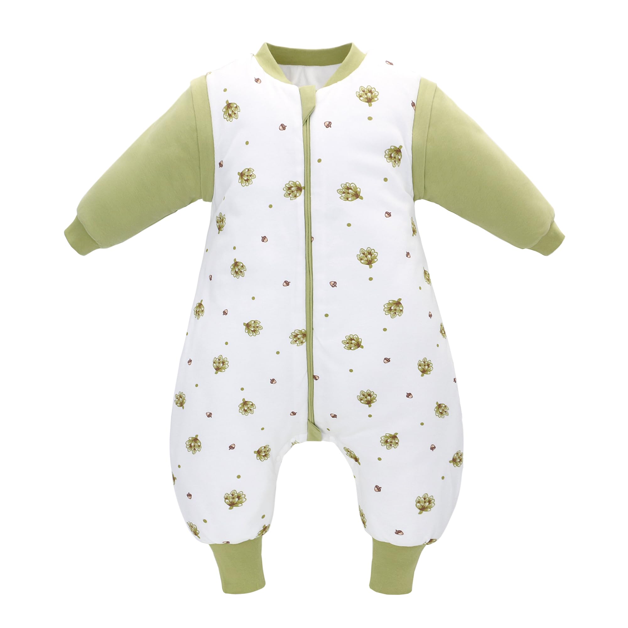 LAT Baby Sleeping Bag with Feet Removable Sleeves,2.5 TOG 100% Cotton Toddler Sleeping Bag with Legs,3-way Zipper Winter Wearable Blanket (Pine Nuts+Green, S)