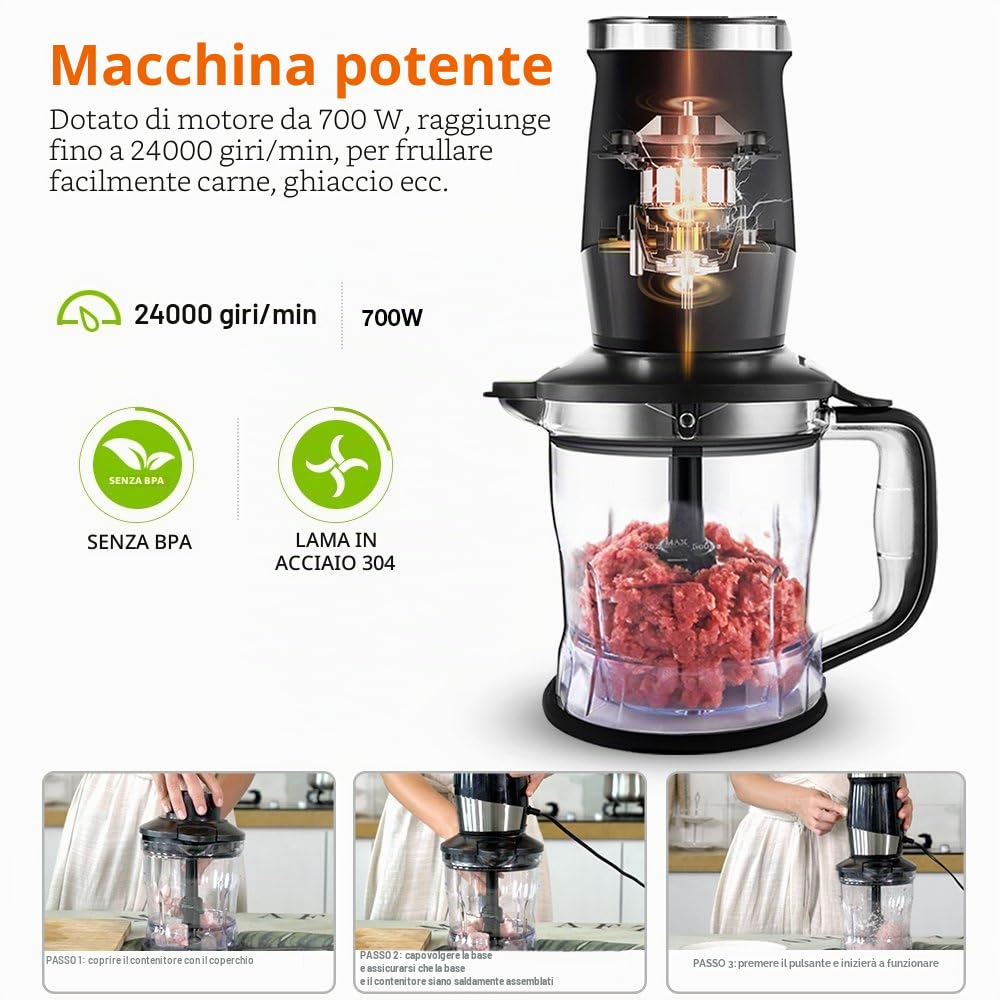 Frullatore Portatile, 3 in 1 Mini Frullatore Smoothie 700W/ Tritatutto/Macinino con 570ML Bottiglia, Elettrico Frullatore Professionale per Frutta Verdura Fare Succhi Frullati, Senza BPA