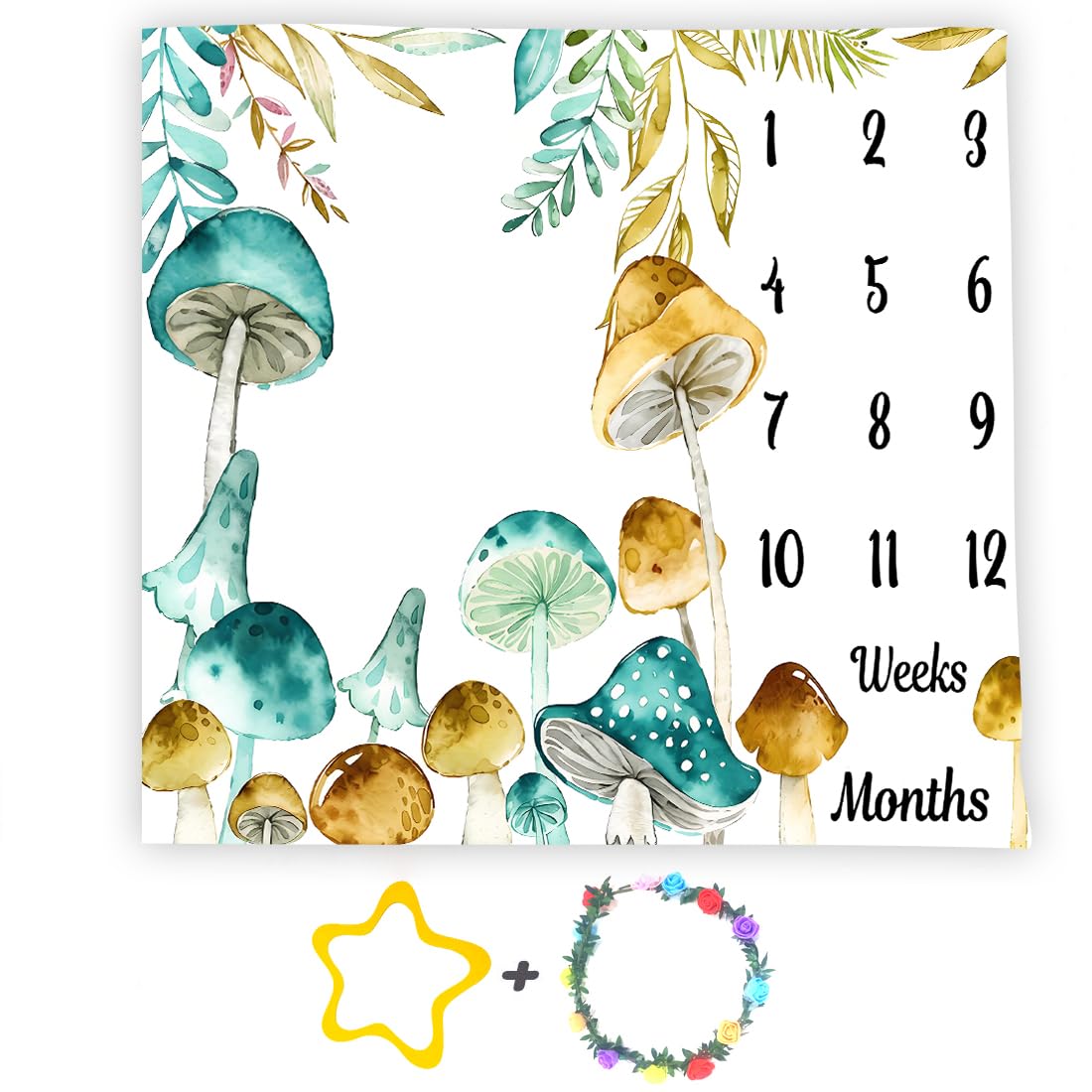 Mushroom Theme Baby Monthly Milestone Blanket Floral, Teal Mustard, 60x40in