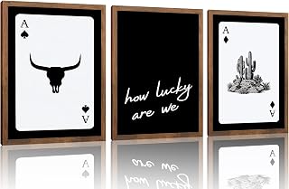 Black Western Wall Art Set of 3, Cowboy Playing Card Wall Decor, Longhorn Bull Skull and “How Lucky Are We” Poster Canvas Painting Prints for Bedroom Bar Game Room Home Decor, 12x16 Inch Unframed