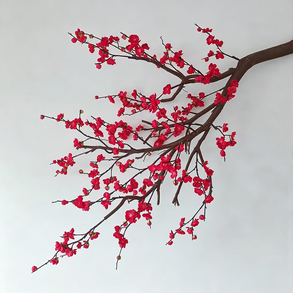 Simulation Artificial Plum Blossom Tree, Lifelike Fake Red Flower Indoor Freestanding Floral for Wedding Backdrop Decor(4.5M)