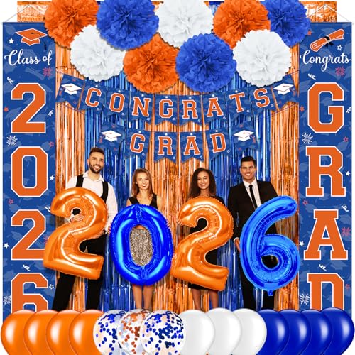 Image of Graduation Party Decorations Class of 2026, Graduation Decorations with Congrats Grad Banner Fringe Foil Curtain Paper Flower Ball Balloons for High School College Grad Party Supplies, Blue Orange