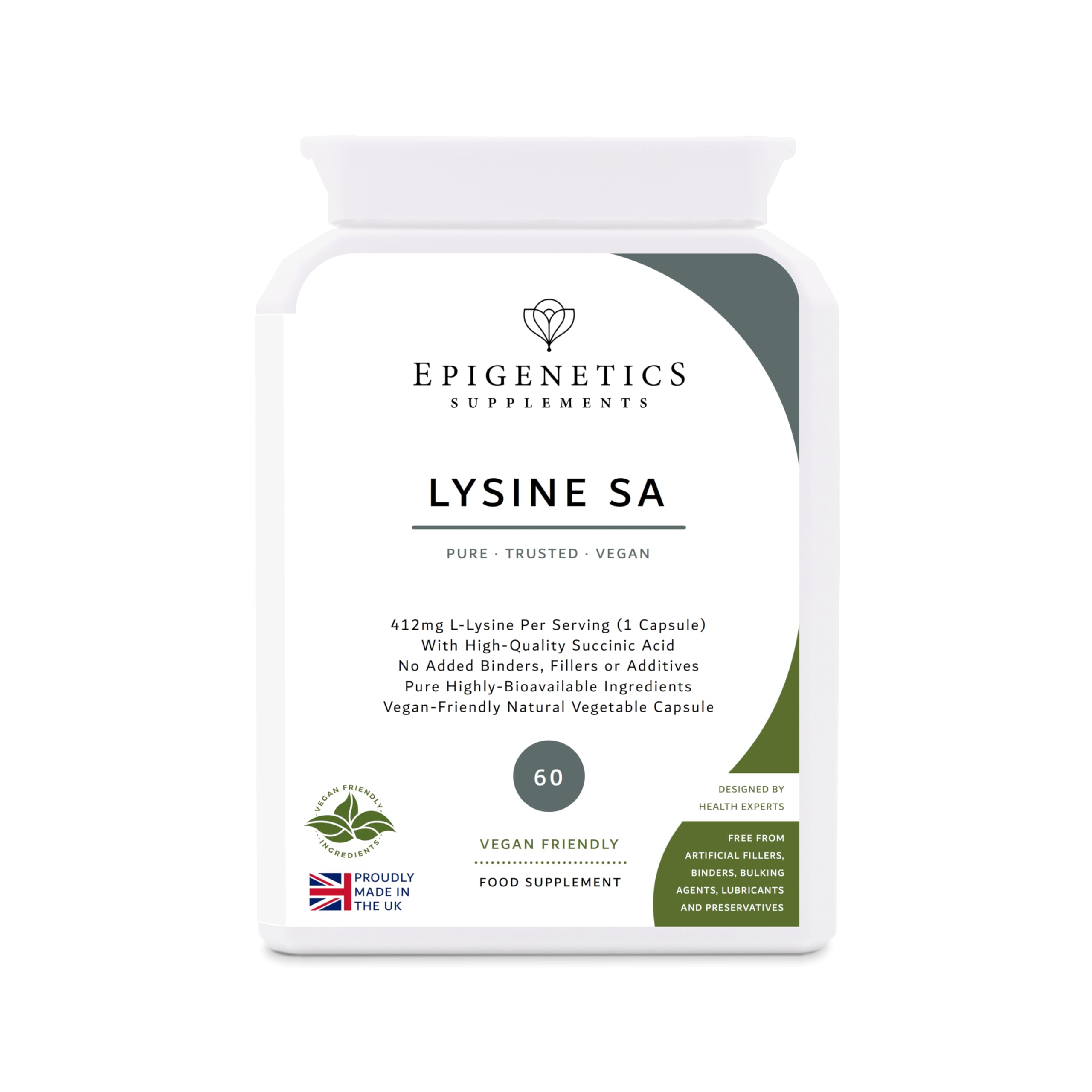 Lysine SA | 412mg L-Lysine (L-Lysine HCl) Amino Acid + Succinic Acid Natural Antioxidant | 60 Vegan Friendly Capsules UK Made | 1 Capsule Daily (2 Month Supply)