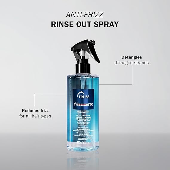 TRUSS Frizz Zero Liquid Hair Mask Spray, Cuticle Sealing, 8.79 oz | Anti-frizz hair treatment spray detangles and brightens damaged strands, providing intense shine.
