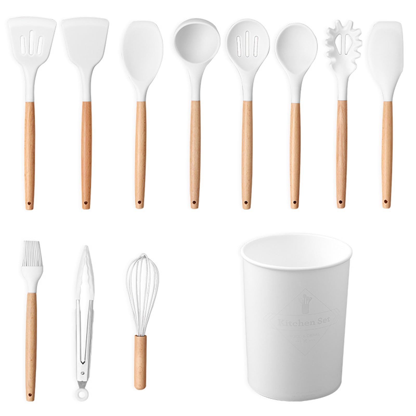 12 Stück Küchenhelfer Set, Silikon Küchenutensilien Set, Antihaft Hitzebeständiger Holzgriff Kochbesteck Mit Utensilienhalter, Silikonspatel Kochgeschirr Set, Spülmaschinengeeignet