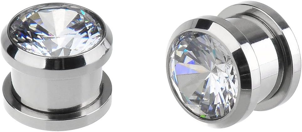 IPINK Punk Pair 8g- 1/2 Inch Stainless Steel Cubic Zirconia Screw Tunnels Ear Stretcher Plugs Piercing Gauge