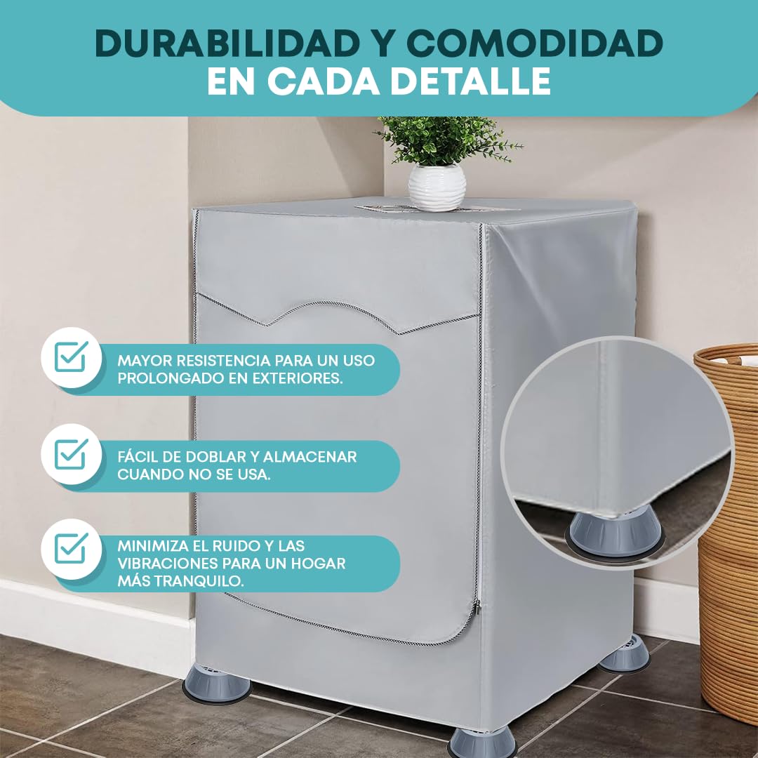 Funda Lavadora Exterior Impermeable, Soporte Lavadora, Pack Funda Lavadora Con x4 Patas Antibrivaciones, Compatible Lavadoras 7-8Kg y 9-10Kg , Protección Contra Lluvia, Sol y Reducción de vibraciones
