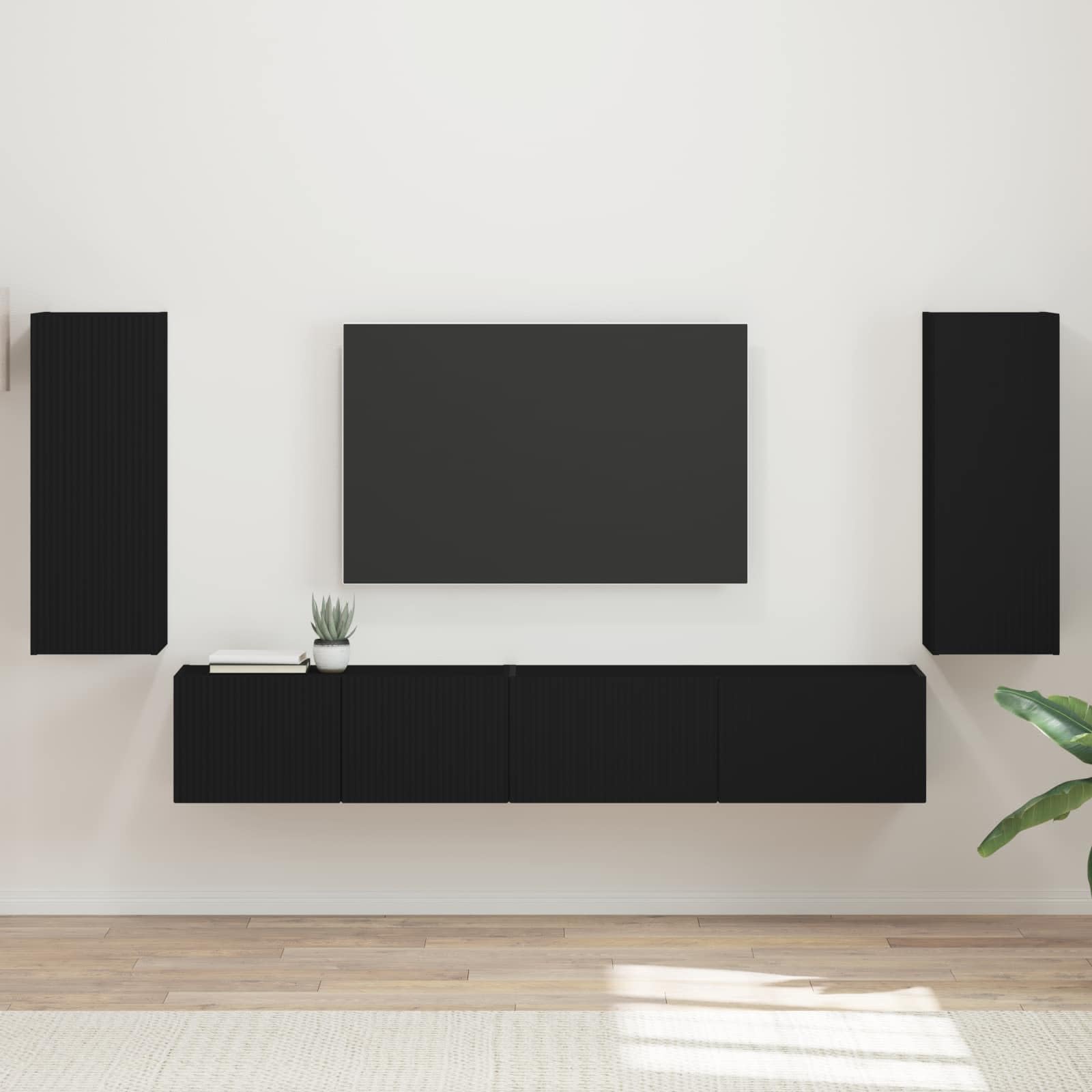 TV-Schrankset 4-teilig Schwarz aus Holzwerkstoff, Modernes Media Center für Wohnzimmer, Schlafzimmer, Elegante Aufbewahrungslösung mit verstellbaren Regalen