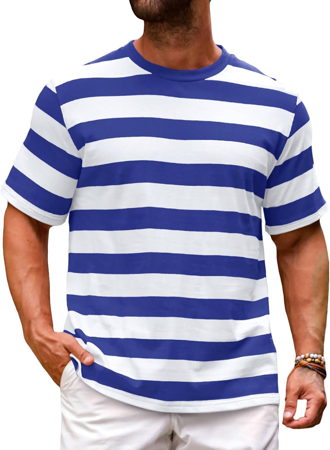 Runcati Mens Short Sleeve T-Shirts Striped Casual Crewneck Basic Shirt Color Block Stretch Summer Beach Tees