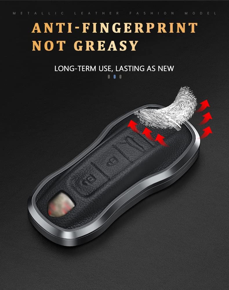 KUNIO Car Key Fob Cover Fit for Porsche 911 Panamera Cayenne Key Protective Cover Keychain Leather Metal Key Holder
