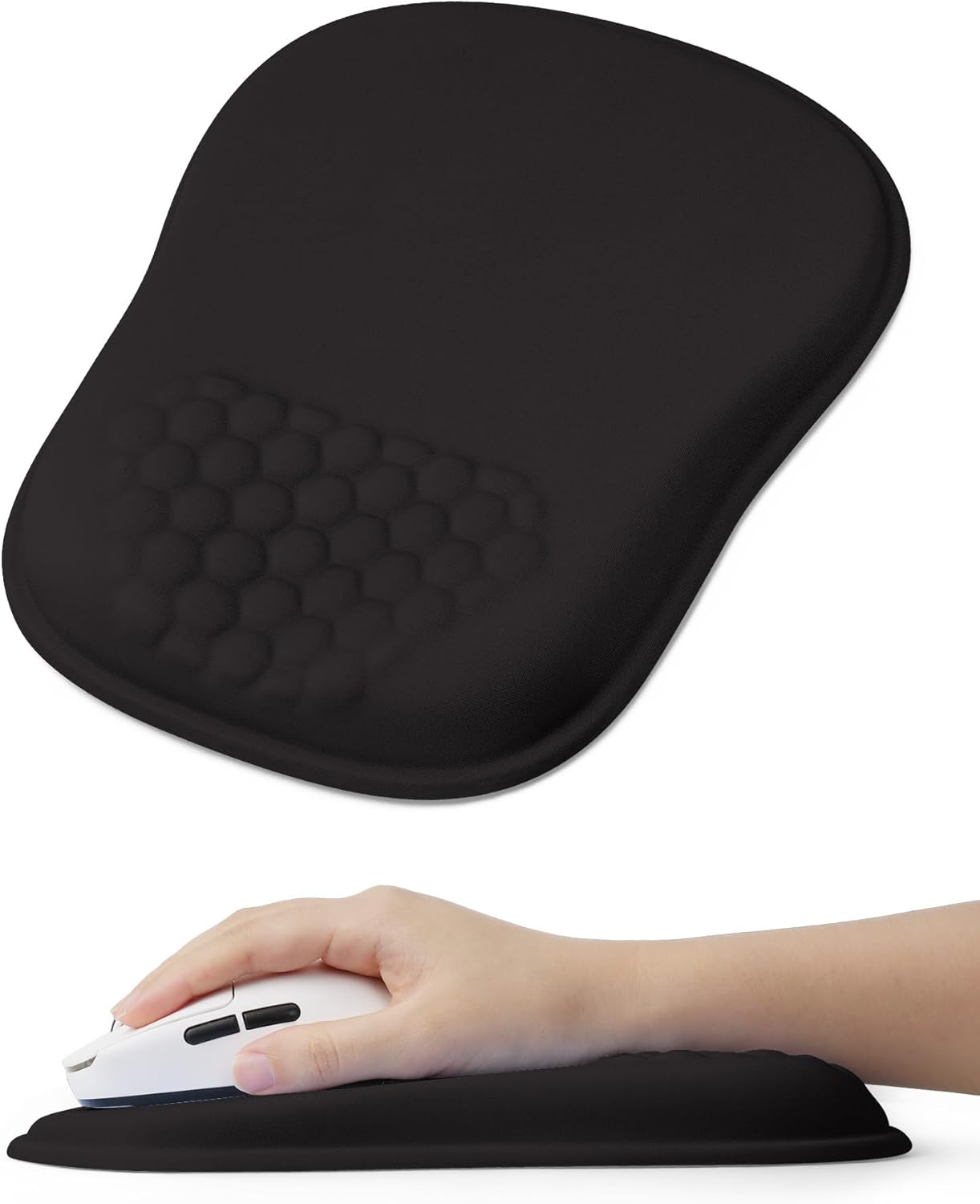 Minimalist Black Ergonomic Mouse Pad for Carpal Tunnel Pain Relief, 65% Usable Mouse Area in Compact Size, Memory Foam Concave Wrist Rest for Office, PC, Gaming